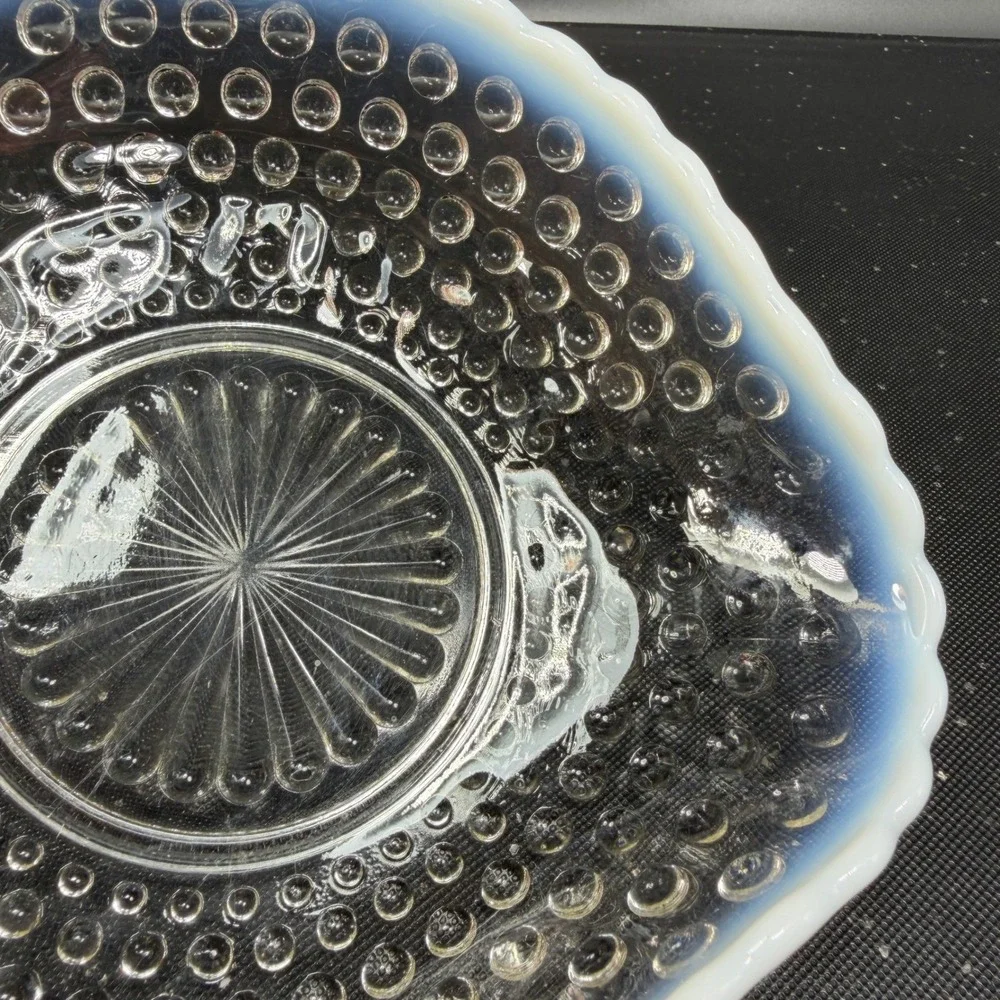 Anchor Hocking Moonstone Hobnail Opalescent Glass Bowl Ruffled Edge W‎ Handle